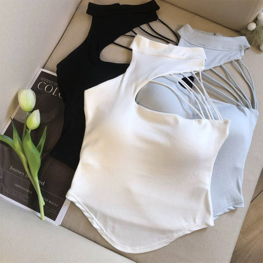 Sexy Women Hollow Out Crop Tops Summer Casual Solid Color Street Backless Camisoles Cropped Halter Tops Sexy Sleeveless Blouses