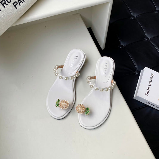 2022 Summer New Slippers Pearl Pineapple Female Casual Slippers Female set toe one pedal