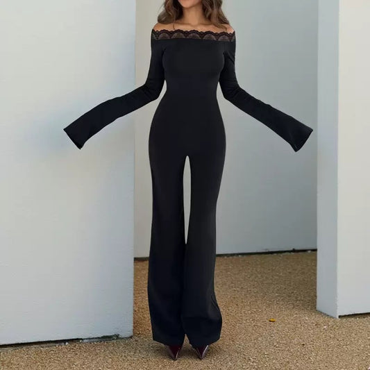Apprabant Fall Winter Sexy Off Shoulder Lace Patchwork Slim Black Jumpsuit Women Long Sleeve Solid Party Streetwear Outfit
