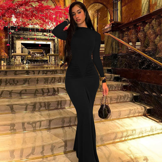 Sexy Wrap Buttocks Black Dresses Women O Neck Dress Long Sleeve Sheath Slim Fit Solid Spliced Pullover Folds Floor Length 2025