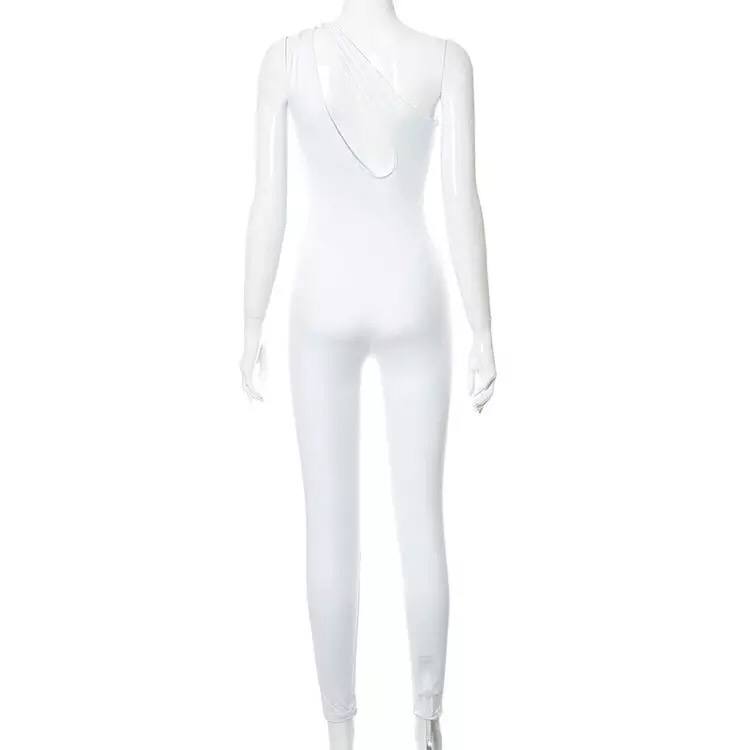 New women solid color irregular one-shoulder twisted sleeveless sexy Hollow out slim-fit trousers jumpsuit