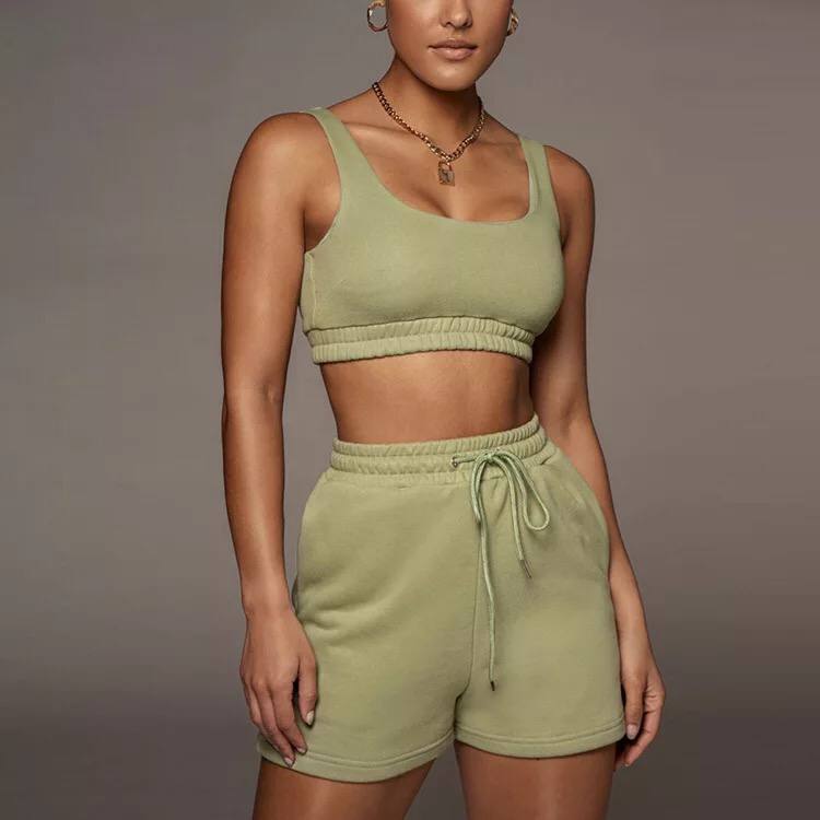 Casual Solid Shorts Sets Ladies Clothes Crop Top 2 Pieces And Drawstring Shorts Matching Sportswear Set Summer Outfits