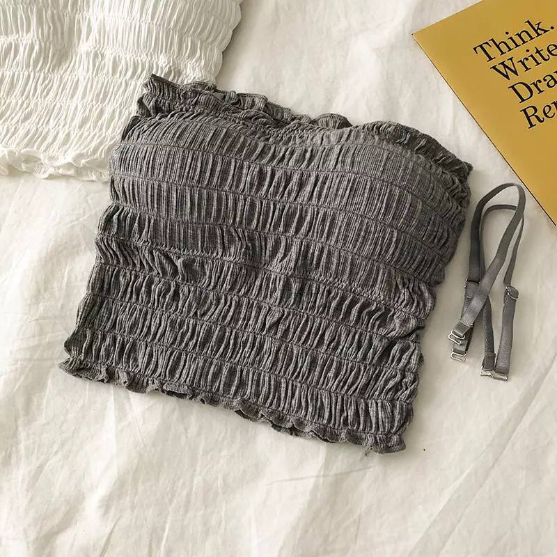 2021 Summer Solid Color Elastic Tube Top Vest Suspenders Adjustable Two-Wear Pleated Top Women's Slim Sexy