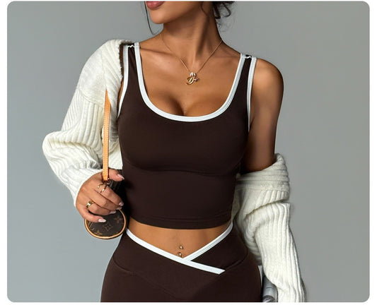 Ladies Seamless Sports Tank Top Fashion Color Block Decor Yoga Outdoor High Elasticity Sleeveless U-Back Vest