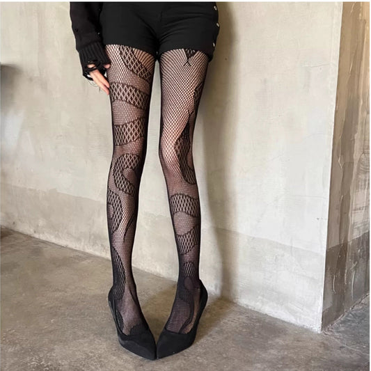 Net stockings for women, high-waisted Snake patterned net tights, thigh-high stockings.
