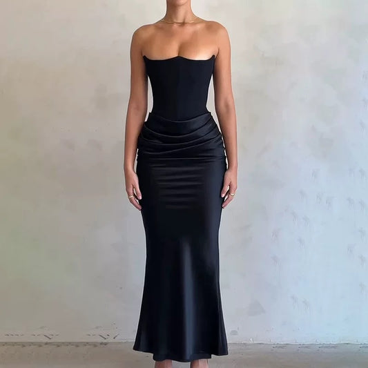 Women's Strapless Evening Dress Sexy Satin Pleated High Waist Skinny Party Dresses 2025 New Elegant Chic Design Sense Long Dress
