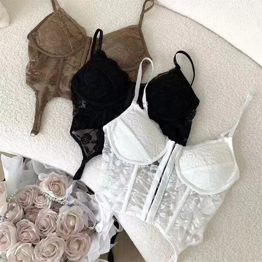 V-Neck Sexy Lace Corset Top Slim Fit Push Up Hollow Suspender Vest Adjustable Straps Off Shoulder Breathable Mesh Vest Travel