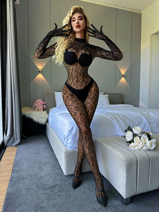 Sexy Lingerie Open Back  Long Sleeve Bodysuit With Sheer Pantyhose And Mesh Top Sexy Mesh Sheer Jumpsuit Rompers