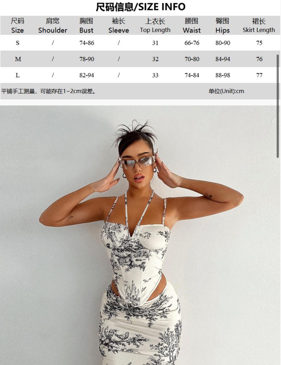 2022 Summer New Temperament Sling Print Corset + Half Hip High Waist Bag Full Skirt Suit