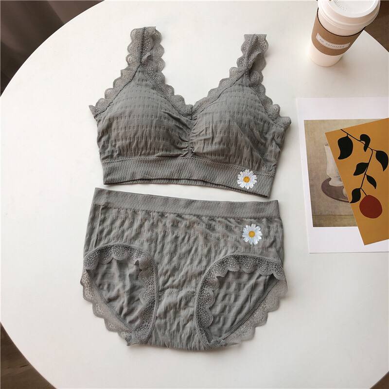 Floral Pattern Lace Underwear Set Mid-waist Underwear Anti-Glare Beauty Back Bra Lace