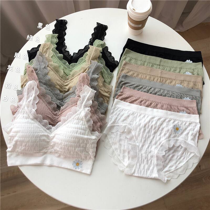 Floral Pattern Lace Underwear Set Mid-waist Underwear Anti-Glare Beauty Back Bra Lace