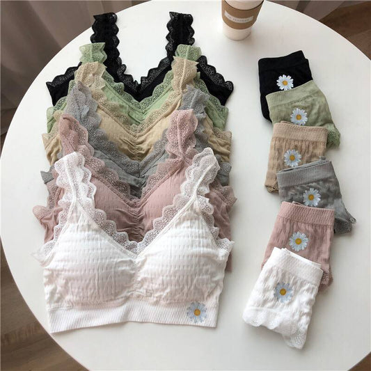 Floral Pattern Lace Underwear Set Mid-waist Underwear Anti-Glare Beauty Back Bra Lace