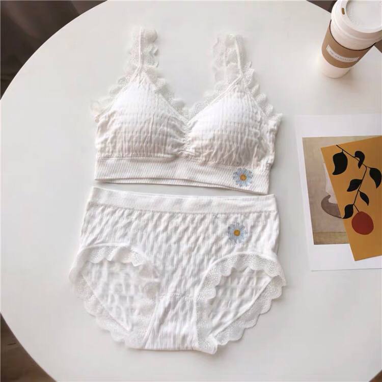 Floral Pattern Lace Underwear Set Mid-waist Underwear Anti-Glare Beauty Back Bra Lace