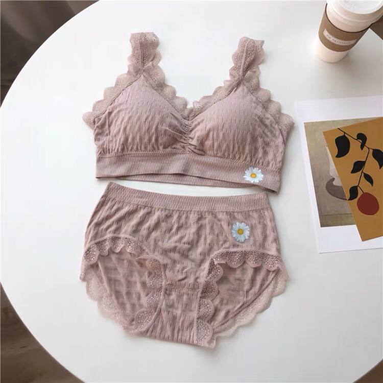 Floral Pattern Lace Underwear Set Mid-waist Underwear Anti-Glare Beauty Back Bra Lace