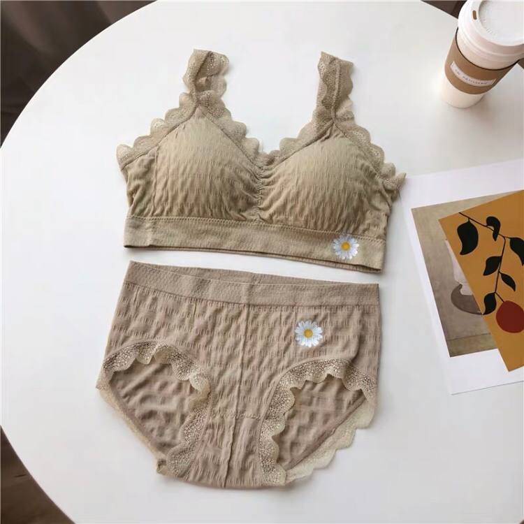 Floral Pattern Lace Underwear Set Mid-waist Underwear Anti-Glare Beauty Back Bra Lace