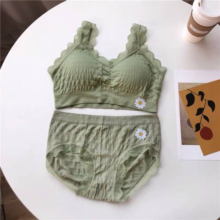 Floral Pattern Lace Underwear Set Mid-waist Underwear Anti-Glare Beauty Back Bra Lace