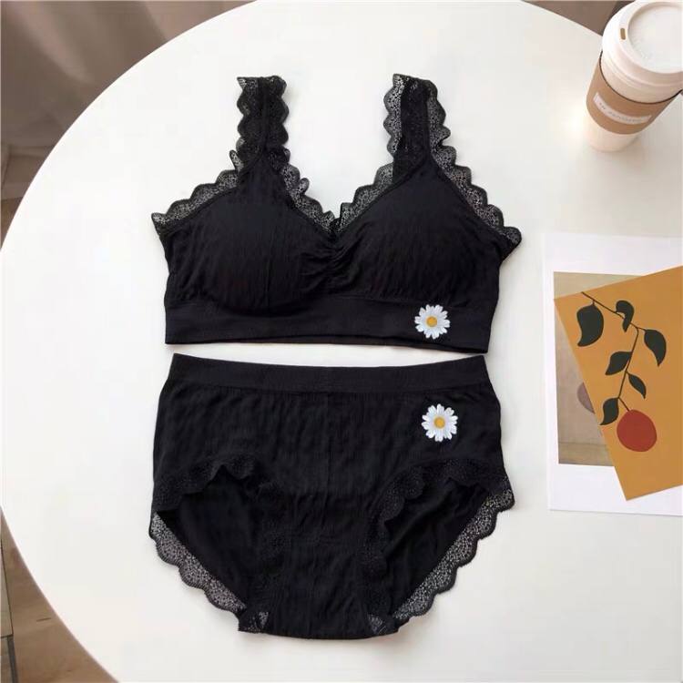 Floral Pattern Lace Underwear Set Mid-waist Underwear Anti-Glare Beauty Back Bra Lace