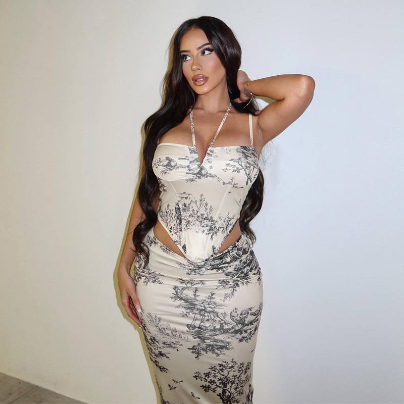 2022 Summer New Temperament Sling Print Corset + Half Hip High Waist Bag Full Skirt Suit