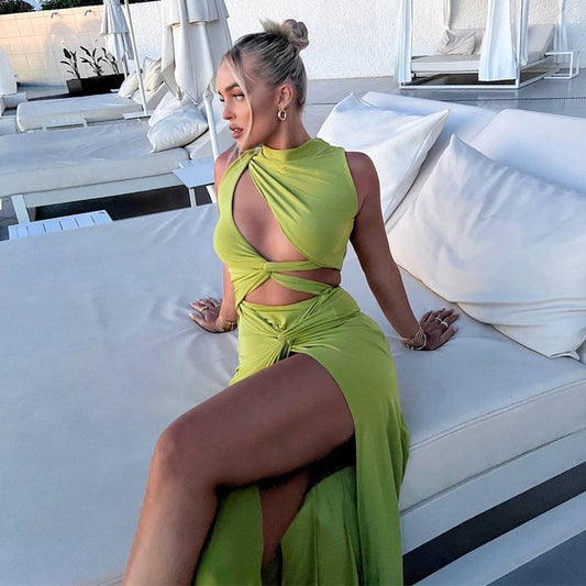 Sexy Hollow Out Irregular Green Slim Dress