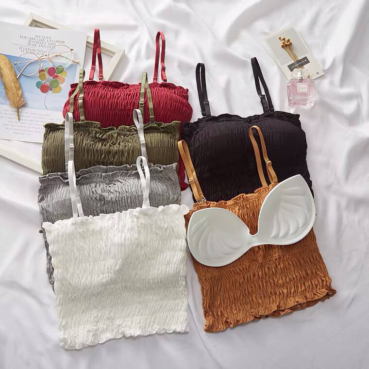 2021 Summer Solid Color Elastic Tube Top Vest Suspenders Adjustable Two-Wear Pleated Top Women's Slim Sexy