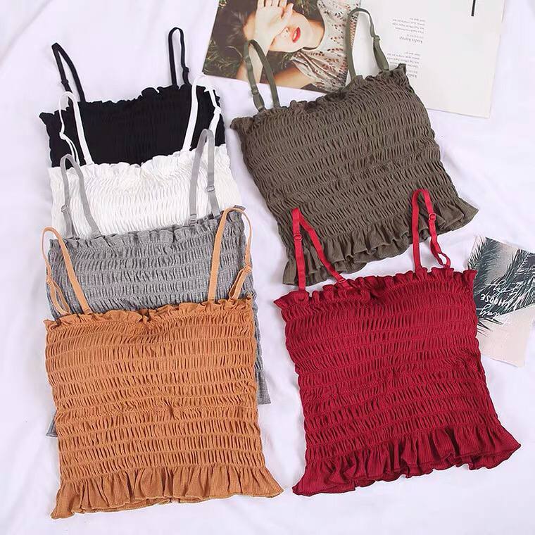 2021 Summer Solid Color Elastic Tube Top Vest Suspenders Adjustable Two-Wear Pleated Top Women's Slim Sexy