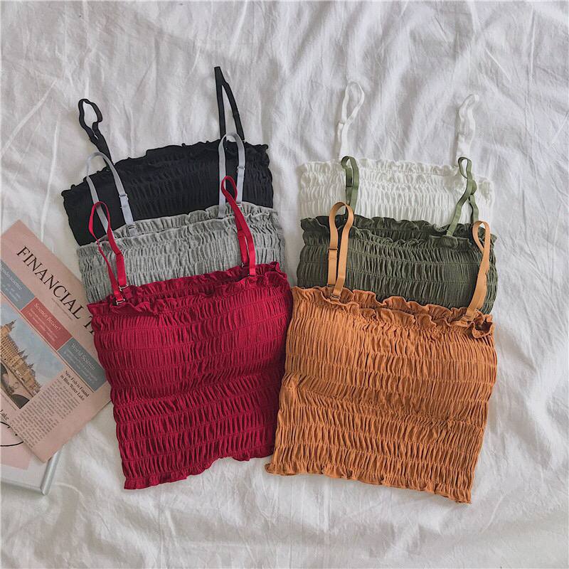 2021 Summer Solid Color Elastic Tube Top Vest Suspenders Adjustable Two-Wear Pleated Top Women's Slim Sexy