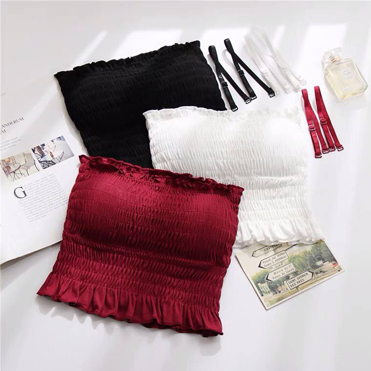 2021 Summer Solid Color Elastic Tube Top Vest Suspenders Adjustable Two-Wear Pleated Top Women's Slim Sexy