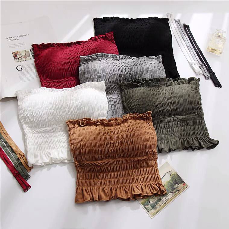 2021 Summer Solid Color Elastic Tube Top Vest Suspenders Adjustable Two-Wear Pleated Top Women's Slim Sexy