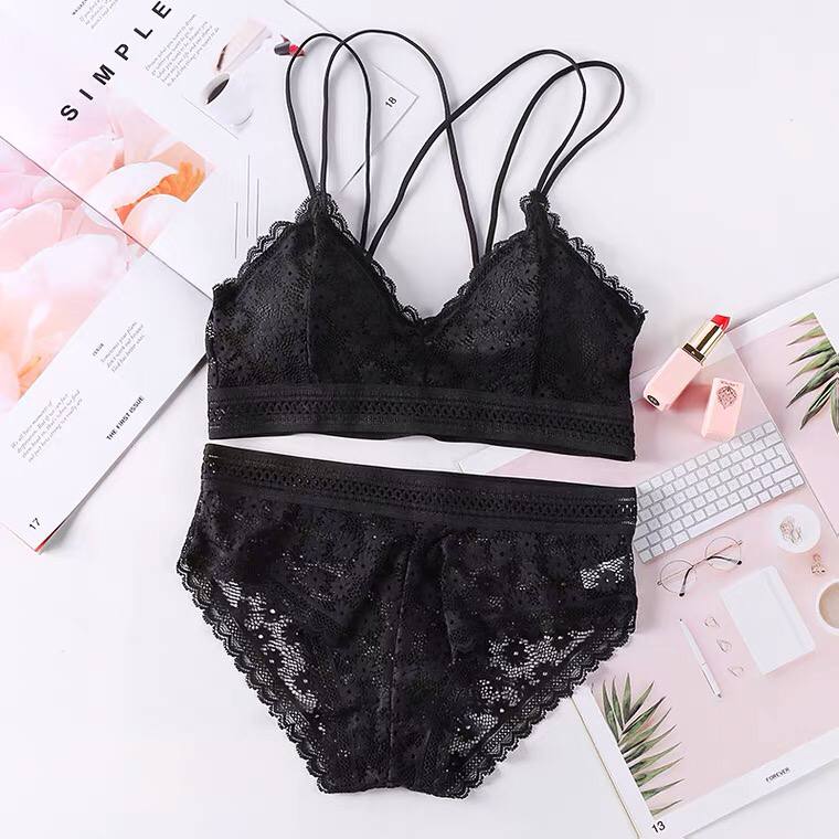 French Triangle Cup Bikini Bra Thin Sling No Steel Ring With Insert Lace Underwear Set Women