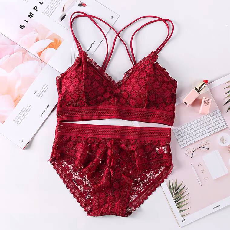 French Triangle Cup Bikini Bra Thin Sling No Steel Ring With Insert Lace Underwear Set Women