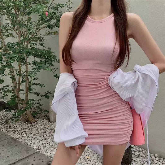 Temperament Waist-Controlled Tight Pleated Flab Hiding Slimming Hip Skirt Women 'S Summer New Sleeveless Vest Dress