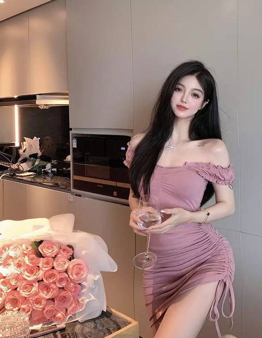 Drawstring Butterfly Sleeve Lace Ruffle Dress Slash Neck Pleated Tight Straps Slim Skinny Mini Dress