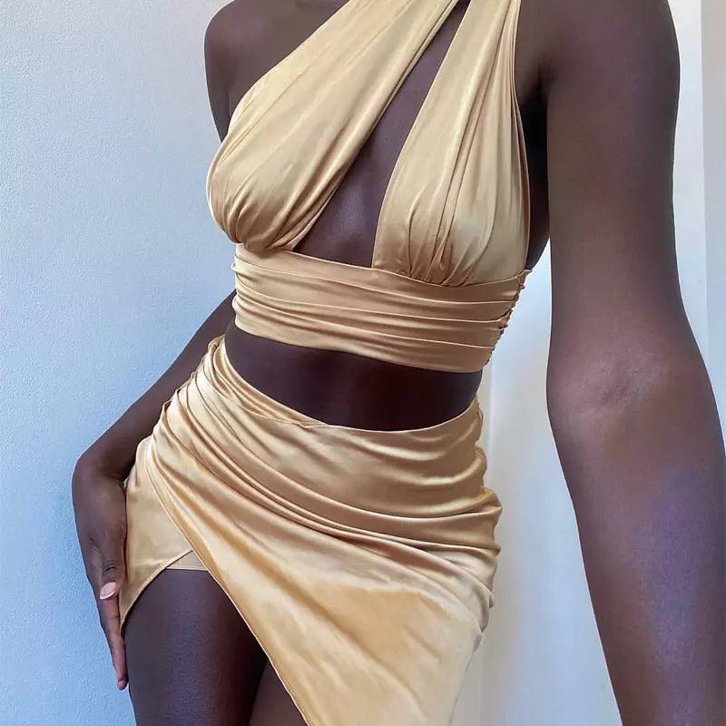 Sexy Slim Sleeveless Double Satin Layer Crop Tops And Skirts Women’s Casual Two Pieces Set