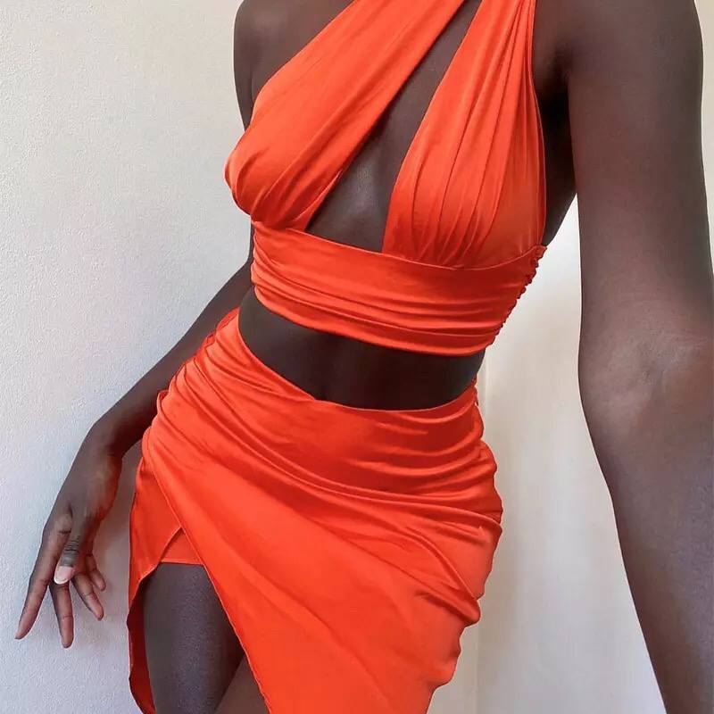 Sexy Slim Sleeveless Double Satin Layer Crop Tops And Skirts Women’s Casual Two Pieces Set