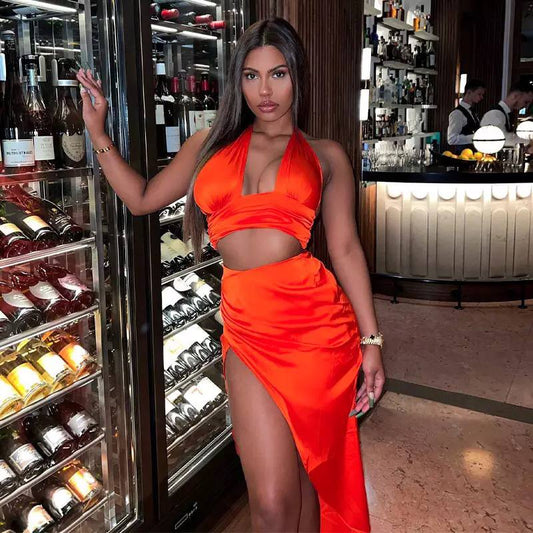 Sexy Slim Sleeveless Double Satin Layer Crop Tops And Skirts Women’s Casual Two Pieces Set