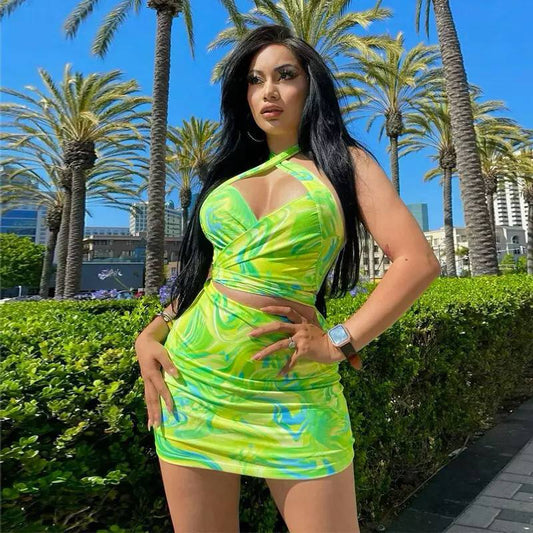 2022 Summer Tie Dye Print Dress Two Pieces Set Fashion Women Crop Tops And High Waist Mini Dress
