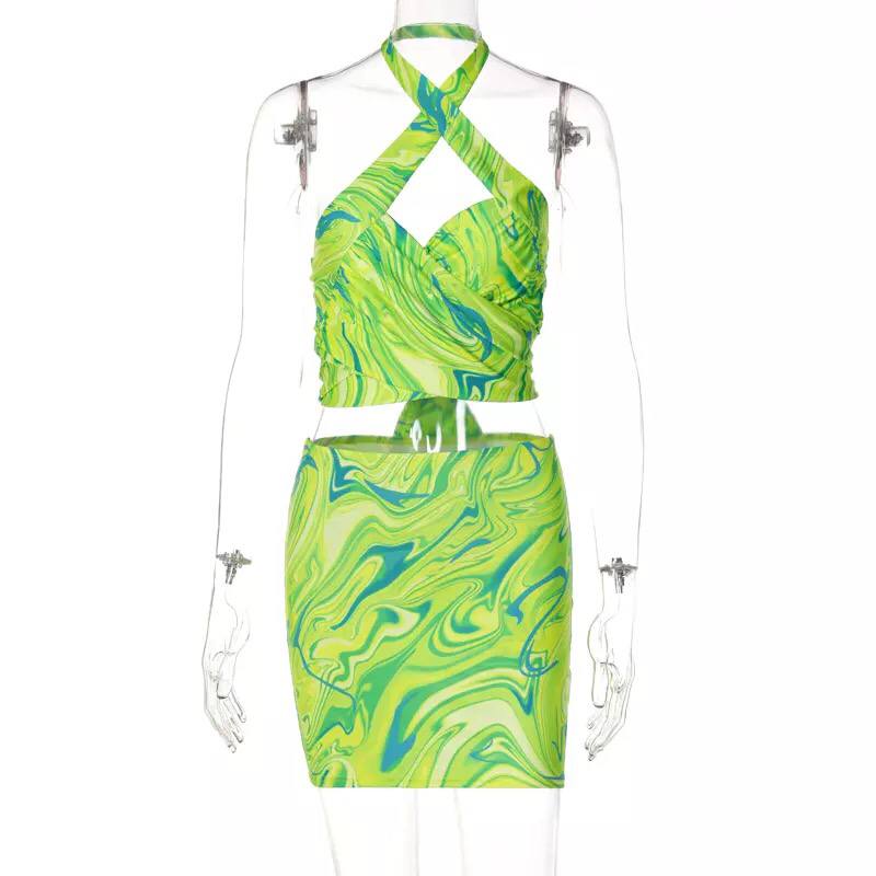 2022 Summer Tie Dye Print Dress Two Pieces Set Fashion Women Crop Tops And High Waist Mini Dress