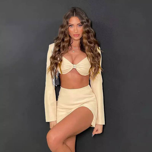 2022 Summer Top And Skirt Set Women Two Pieces Backless Long Sleeve Sexy Outfit Party Club