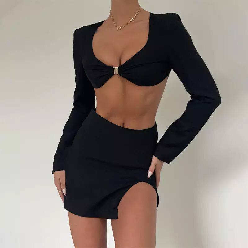 2022 Summer Top And Skirt Set Women Two Pieces Backless Long Sleeve Sexy Outfit Party Club