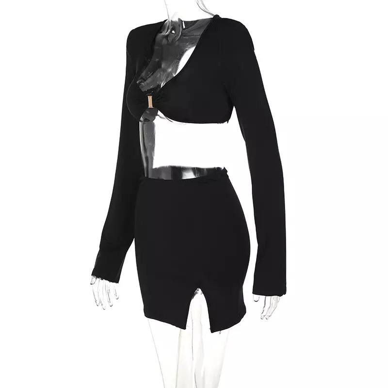 2022 Summer Top And Skirt Set Women Two Pieces Backless Long Sleeve Sexy Outfit Party Club