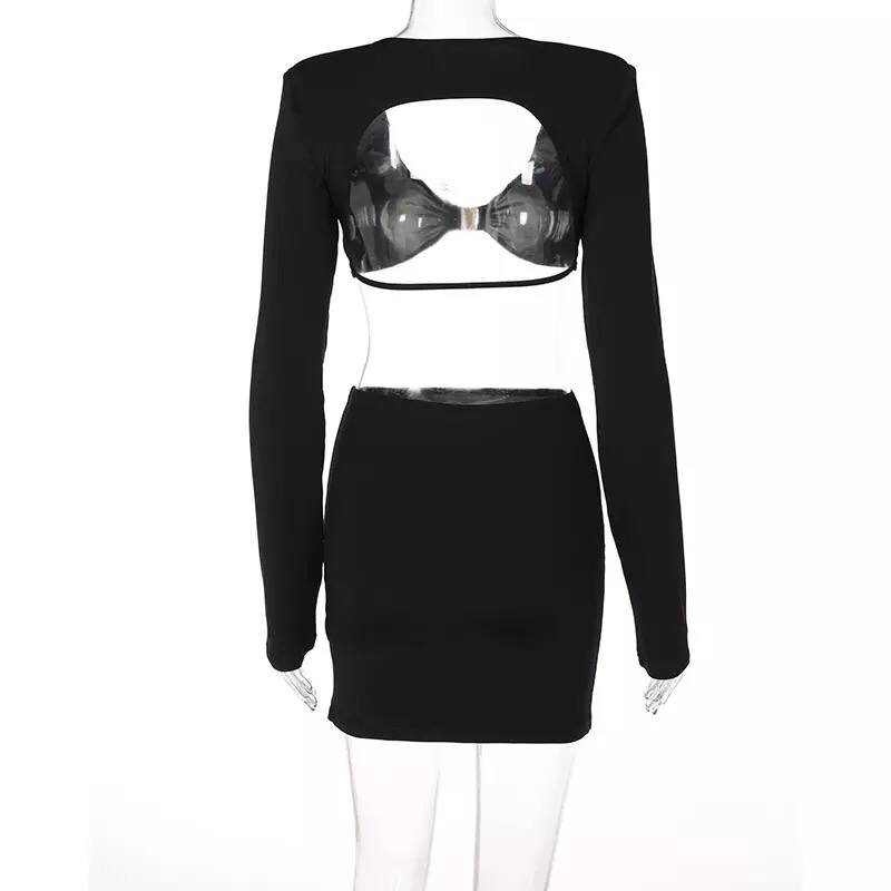 2022 Summer Top And Skirt Set Women Two Pieces Backless Long Sleeve Sexy Outfit Party Club
