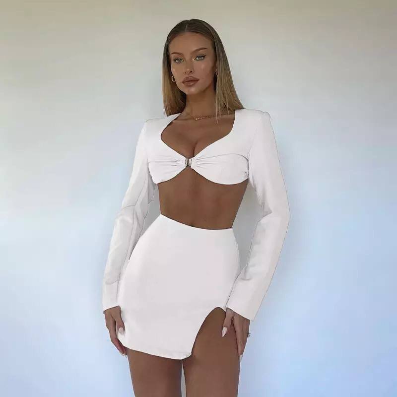 2022 Summer Top And Skirt Set Women Two Pieces Backless Long Sleeve Sexy Outfit Party Club