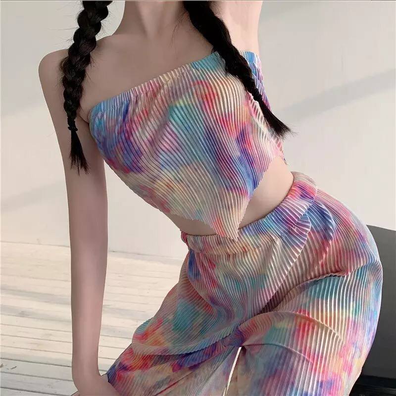 Women Summer Tie-Dye Print Strapless Crop Tube Tops And High Waist Pants