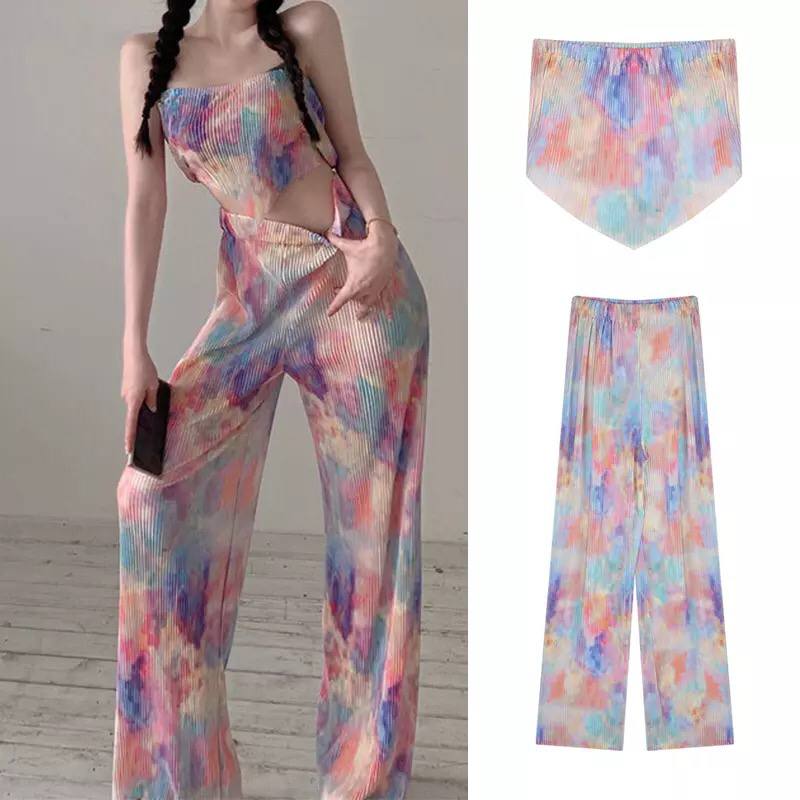 Women Summer Tie-Dye Print Strapless Crop Tube Tops And High Waist Pants