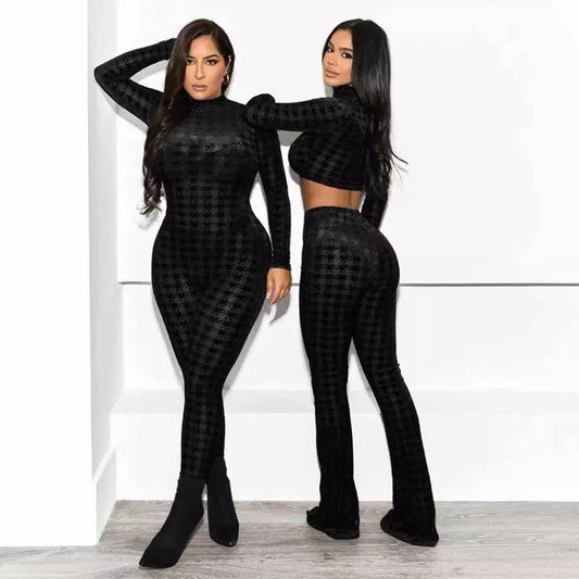 Long Sleeve Crop Top Straight Pants 2 Pieces Matching Set 2022 Evening Party Sexy Slim
