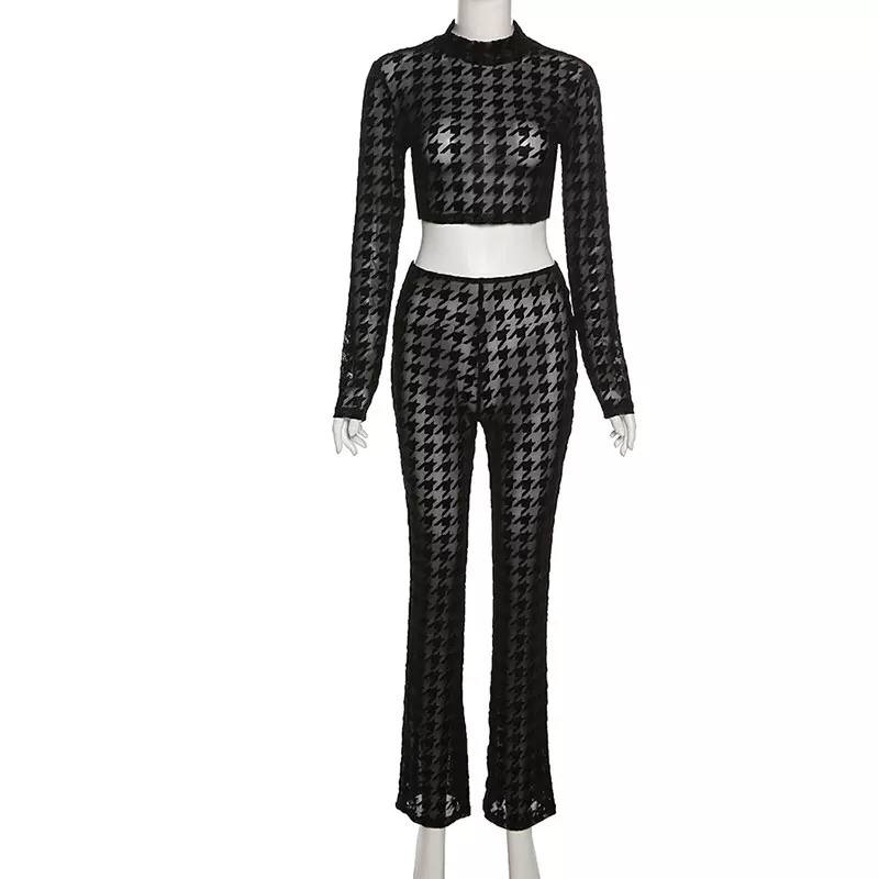 Long Sleeve Crop Top Straight Pants 2 Pieces Matching Set 2022 Evening Party Sexy Slim