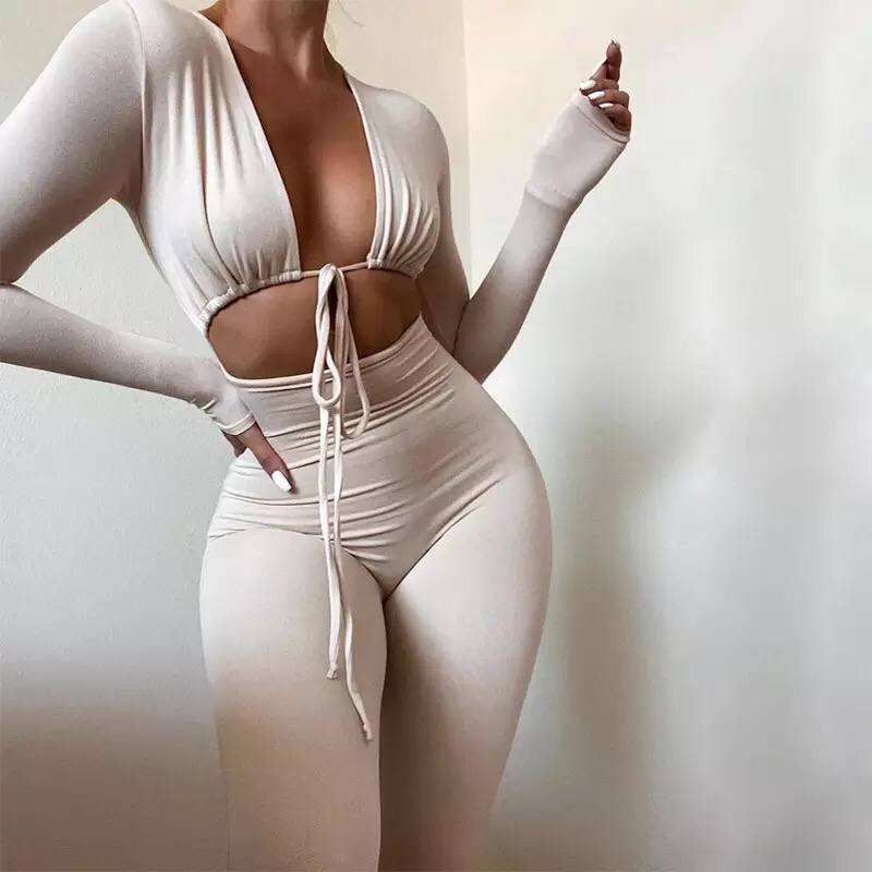 Crop Top Women Sports Overalls Stretchy Slim Fit Two Pieces Sets Long Sleeve Suits for Women Drawstring Shirring Woman Outfits