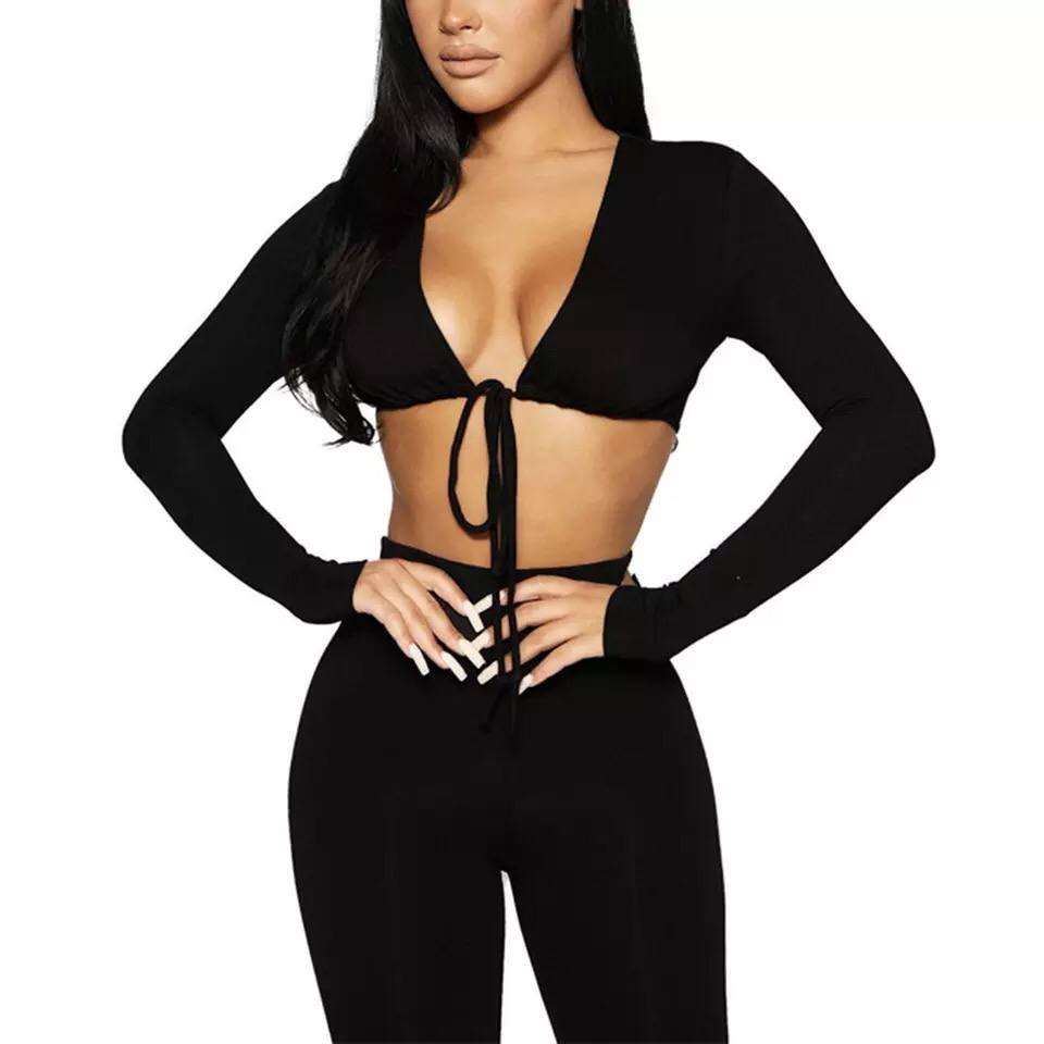 Crop Top Women Sports Overalls Stretchy Slim Fit Two Pieces Sets Long Sleeve Suits for Women Drawstring Shirring Woman Outfits