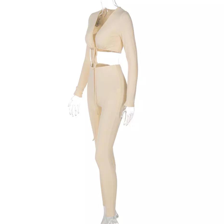 Crop Top Women Sports Overalls Stretchy Slim Fit Two Pieces Sets Long Sleeve Suits for Women Drawstring Shirring Woman Outfits