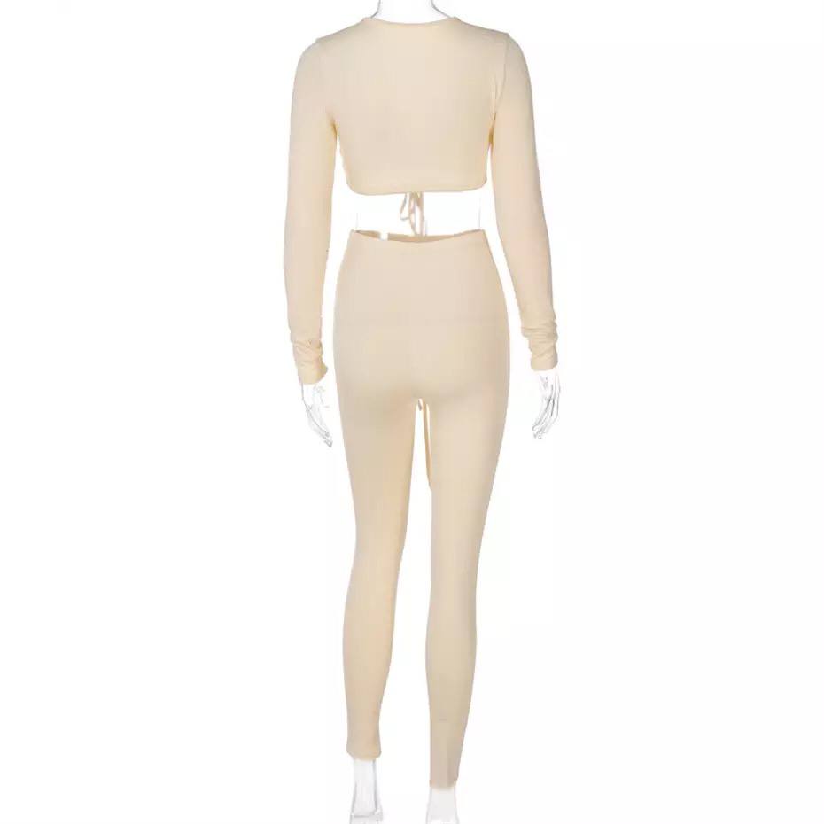 Crop Top Women Sports Overalls Stretchy Slim Fit Two Pieces Sets Long Sleeve Suits for Women Drawstring Shirring Woman Outfits